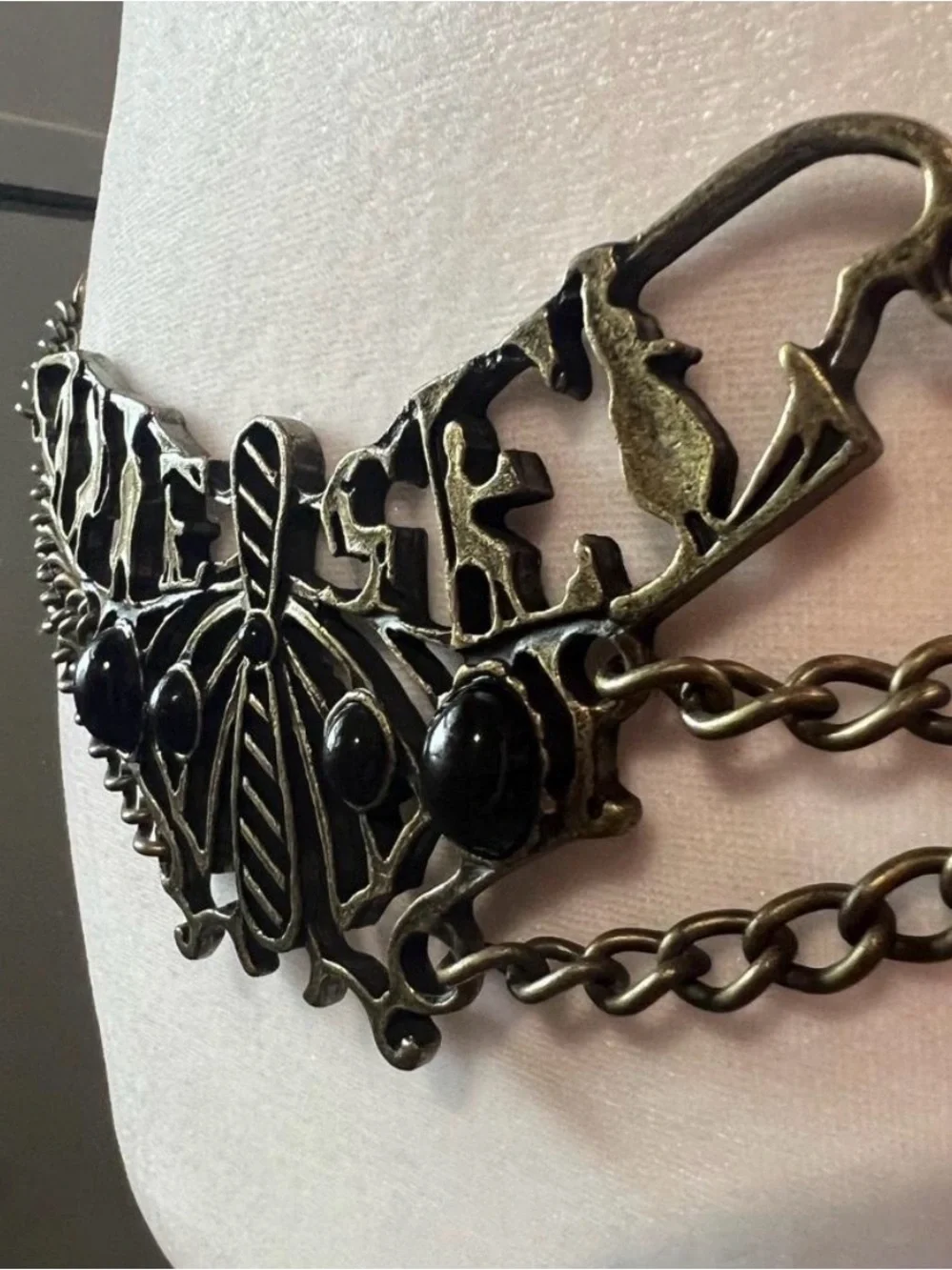 VTG Archival Diesel Y2K Butterfly Chain Belt Brass Typography Gem Gothic Grunge